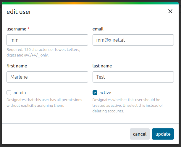 User management - edit user form
